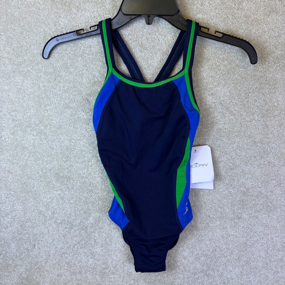 Dolfin Reliance Swimsuit Girls 24 (6/7) Navy Blue Green Colorblock Competitive